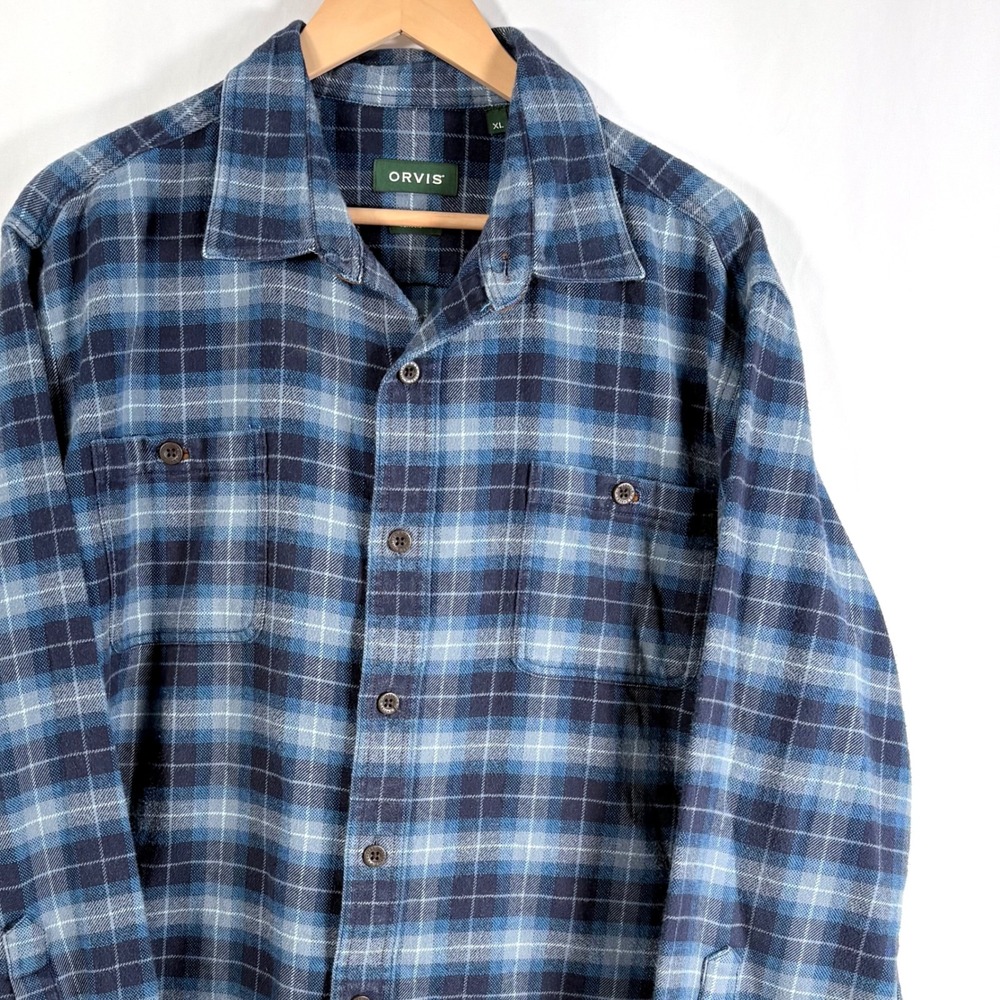 Orvis Perfect Flannel Shirt Blue Plaid Classic Fit XL Cotton Button Down 2 Pocet